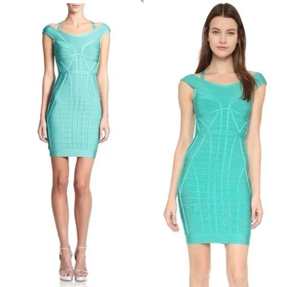 Herve Leger Connie viscose-blend dress in aqua jade size S small